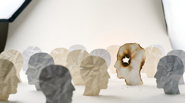 Burnt paper head silhouette among rows of paper head cutouts, burnout concpet