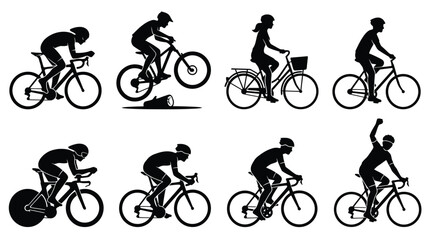 Obraz premium Cycling silhouette illustration featuring riders on road bikes, mountain bikes, and casual bicycles symbolizing fitness, sport, and outdoor adventure design