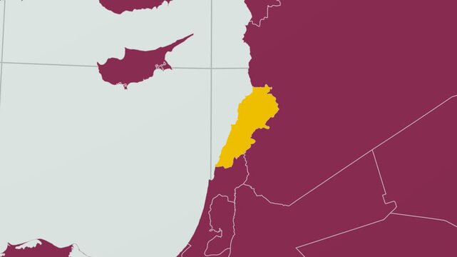 Lebanon map. Animated zoom into the country on the Globe in Pale Mint Dark Pink color palette. Country logo animation with round text and airplanes. Map with meridians, parallels. Classic video.