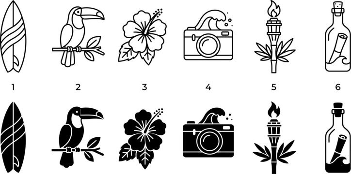 Tropical icons set including toucan surfboard hibiscus camera torch bottle