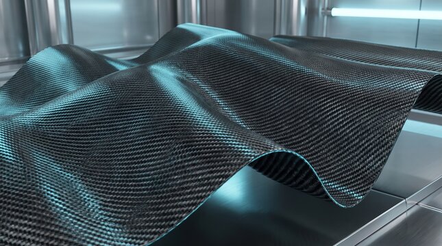 Black carbon fiber weave texture with blue light reflection in industrial factory