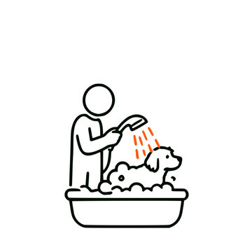 Groomer bathing a dog in a tub pet grooming icon vector