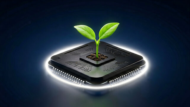 Fresh seedling standing on a black processor inside a luminous ring conveys clean computing renewable ideas digital sustainability and hopeful technological progress