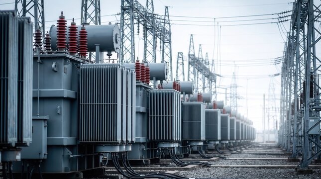 Industrial electrical substation with high voltage power transformers, row of heavy duty electricity distribution equipment, energy infrastructure
