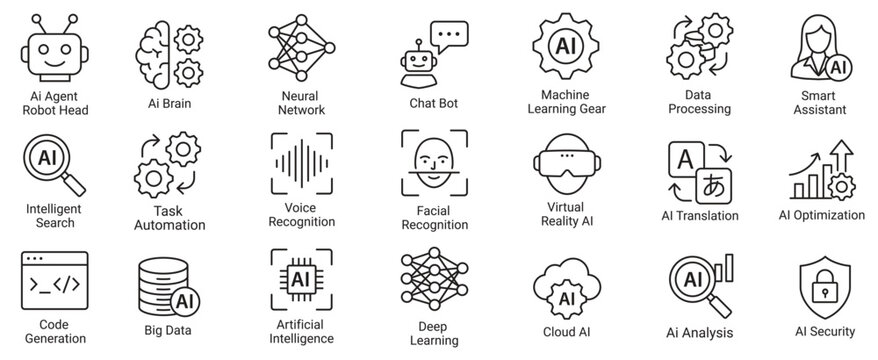 AI Agent Icons Set &ndash; Artificial Intelligence, Chatbot, Machine Learning, Neural Network, Deep Learning, Automation, Cloud AI, Vector Line Icon Collection.