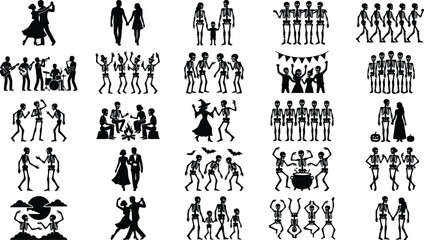 Fototapeta premium Skeleton Activity Silhouette Icon Set, Halloween Spooky Character Vector Symbols