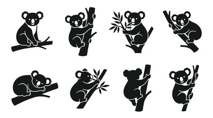 Fototapeta premium Koala silhouette illustration featuring adorable marsupials sitting, climbing, and eating leaves symbolizing wildlife, nature, and Australian animal design
