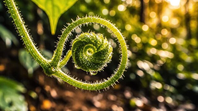 Close-up of a vibrant green spiral tendril growing in a forest with sunlight shining, displaying nature's intricate beauty