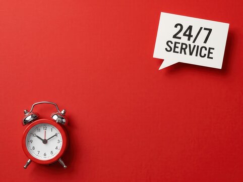 Cropped red alarm clock beside white 24/7 service sign, customer support