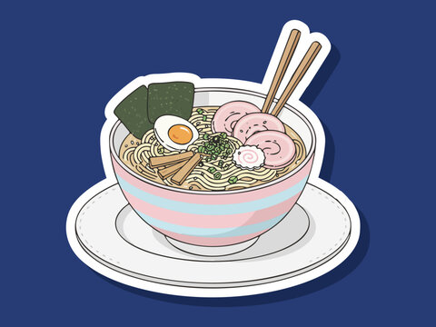 Appetizing flat vector of ramen with extra toppings in a bowl food isolated on clean background with modern and minimal style. Ideal for menus, packaging, branding, and digital food illustration asset