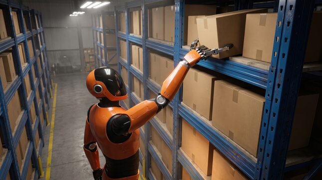 Orange humanoid robot reaching up to high warehouse shelf retrieving box, warehouse automation