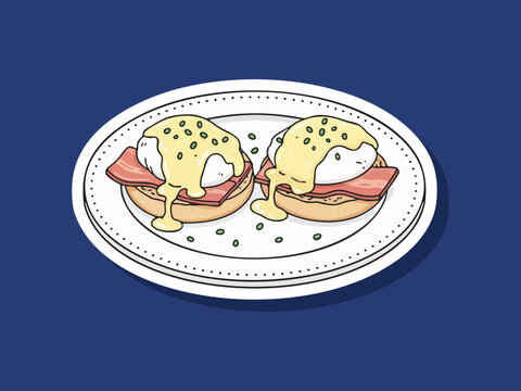 Appetizing flat vector of egg benedict on a plate food isolated on clean background with modern and minimal style. Ideal for menus, packaging, branding, and digital food illustration assets.
