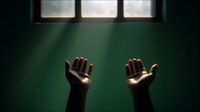 Two hands reaching upward behind a translucent glass wall
