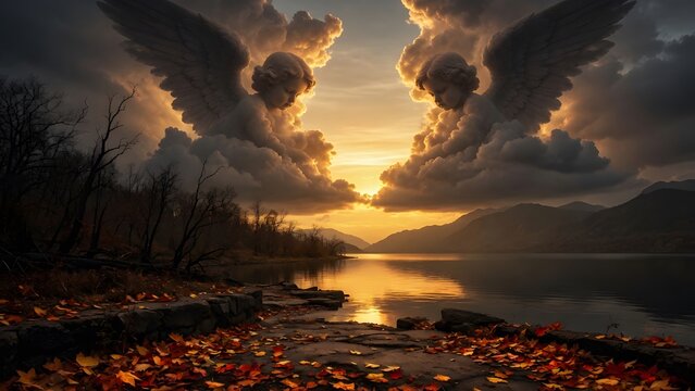Subject: Autumn landscape with colorful leaves scattered beside a lake at sunset beneath two colossal cherubim-shaped cloud pillars, Environment: abandoned lakeside passage, blackened woodland edges, 