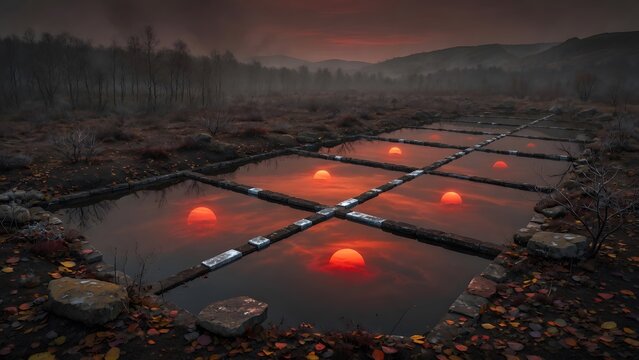 Subject: Autumn landscape with colorful leaves scattered beside a lake at sunset broken into seven perfectly still reflective pools, Environment: isolated lakeside marsh, weathered stones, barren shru