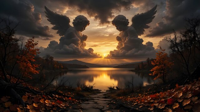Subject: Autumn landscape with colorful leaves scattered beside a lake at sunset beneath two colossal cherubim-shaped cloud pillars, Environment: abandoned lakeside passage, blackened woodland edges, 