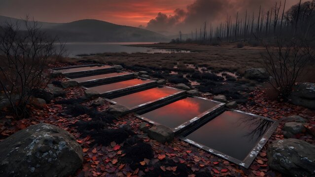 Subject: Autumn landscape with colorful leaves scattered beside a lake at sunset broken into seven perfectly still reflective pools, Environment: isolated lakeside marsh, weathered stones, barren shru