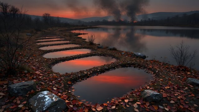 Subject: Autumn landscape with colorful leaves scattered beside a lake at sunset broken into seven perfectly still reflective pools, Environment: isolated lakeside marsh, weathered stones, barren shru