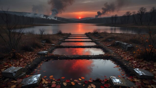 Subject: Autumn landscape with colorful leaves scattered beside a lake at sunset broken into seven perfectly still reflective pools, Environment: isolated lakeside marsh, weathered stones, barren shru