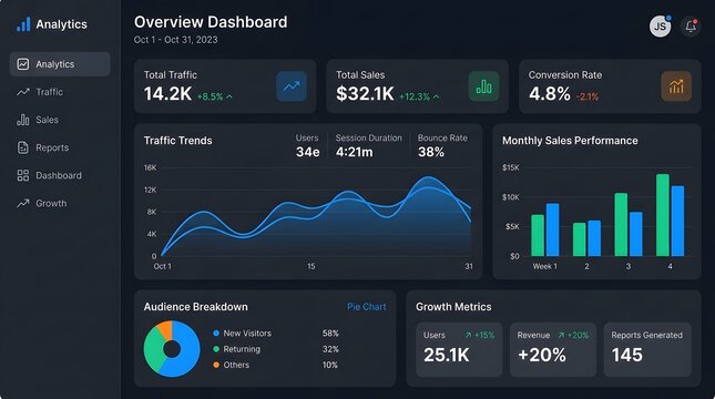 Analytics dashboard interface with data visualization and key performance indicators on dark background