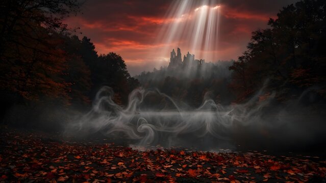 Subject: Autumn landscape with colorful leaves on the ground and a lake at sunset beneath the shadow of unseen seraphim, Environment: sacred lakeshore surrounded by dark trees, mist rising from water,