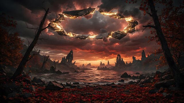 Subject: Autumn landscape with colorful leaves on the ground beside a lake at sunset beneath a broken halo-shaped cloud formation, Environment: deserted shoreline, tilted tree trunks, unsettled water 