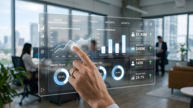 Business analytics dashboard displayed on a transparent screen with a hand interacting with data