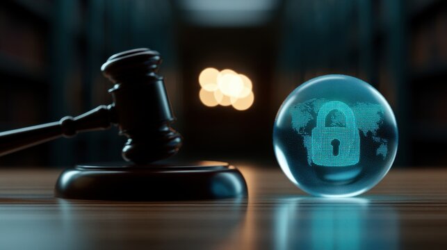 A wooden gavel rests next to a digital crystal globe with a padlock icon. Symbolizes global cybersecurity and law.