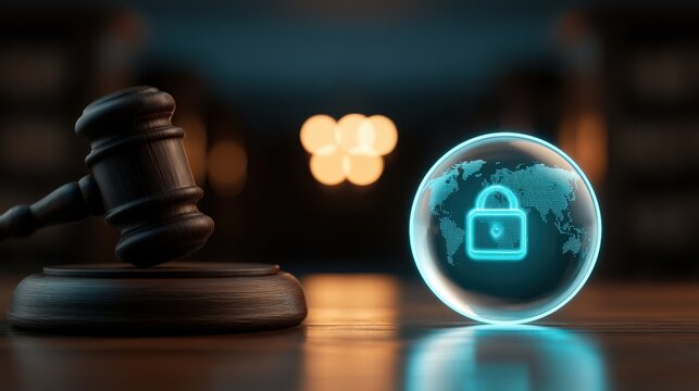 A wooden judge gavel sits beside a glowing digital globe with a padlock icon. Represents global legal and.