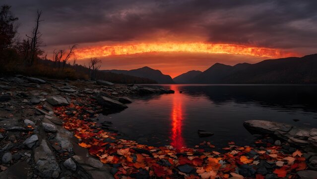 Subject: Autumn landscape with colorful leaves on the ground and a lake at sunset where a luminous covenant-like band stretches across the distant horizon, Environment: abandoned shoreline with fractu