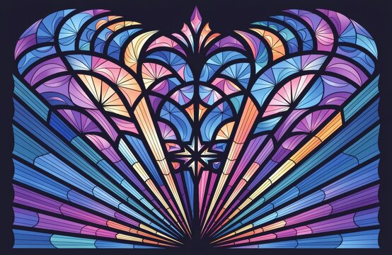 Abstract stained glass window with vibrant geometric patterns and colors