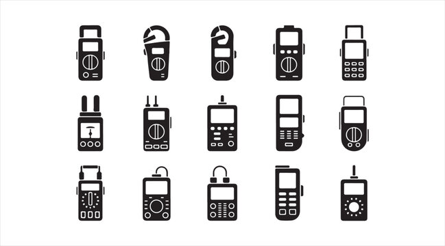 Flat electrical plug and cable symbol set including USB connectors, charging adapters, power sockets and electronic accessories in clean monochrome vector style.