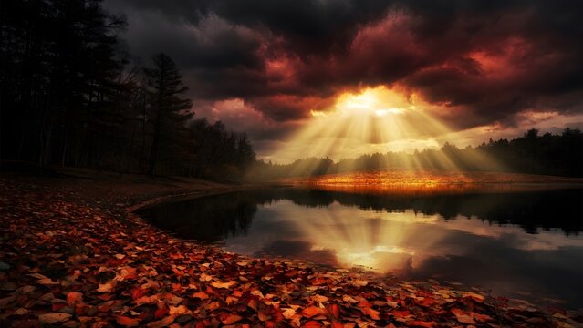 Subject: Autumn landscape with colorful leaves covering the ground beside a lake at sunset receiving a final terrifying blessing of light, Environment: empty lakeside sanctuary, dark forest edge, calm