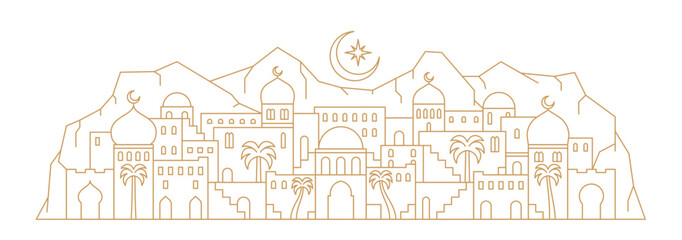 Fototapeta na wymiar Arabian city landscape line silhouette with crescent moon and Muslim mosque with minarets, vector background. Arabian city with domes, arch and palm trees at mountains for Arab city architecture