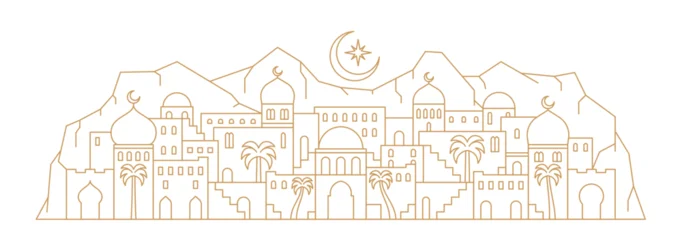 Arabian city landscape line silhouette with crescent moon and Muslim mosque with minarets, vector background. Arabian city with domes, arch and palm trees at mountains for Arab city architecture © Vector Tradition