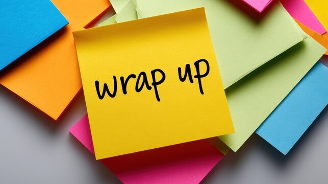Yellow adhesive note with wrap up written on it over a scattered pile of paper. Business concept for final project.