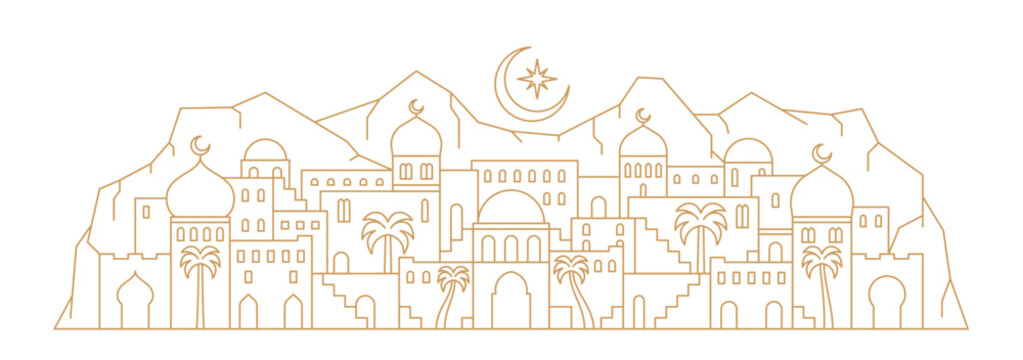 Arabian city landscape line silhouette with crescent moon and Muslim mosque with minarets, vector background. Arabian city with domes, arch and palm trees at mountains for Arab city architecture