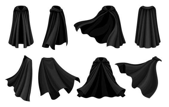 Dracula and Halloween black cloak, cape and mantle clothes. Cartoon vampire mantle with cape. Black vector garment with flowing fabric for Halloween costume designs, masquerade party, spooky event