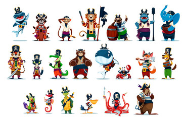 Fototapeta premium Cartoon animal corsair and pirate characters. Vector cute shark sailor, raccoon, monkey and sloth corsairs, hippo, elephant and tiger captain, crocodile, bear, fox and dog, parrot, crab animal pirates
