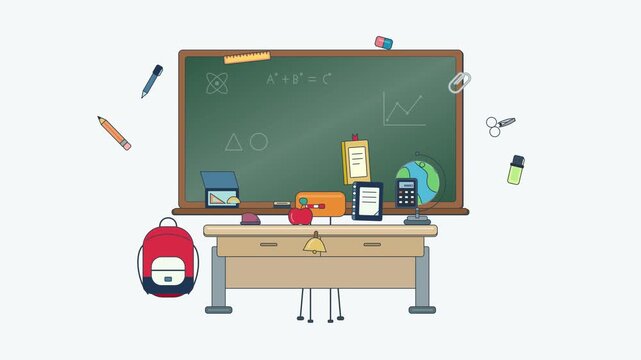 School classroom blackboard with supplies flat