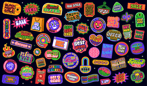 Retail shopping and sale y2k groovy patch stickers. Black friday and best offer product retro funky labels with vector trendy y2k shapes. Cartoon sale tags, groovy flower and flame stickers pack
