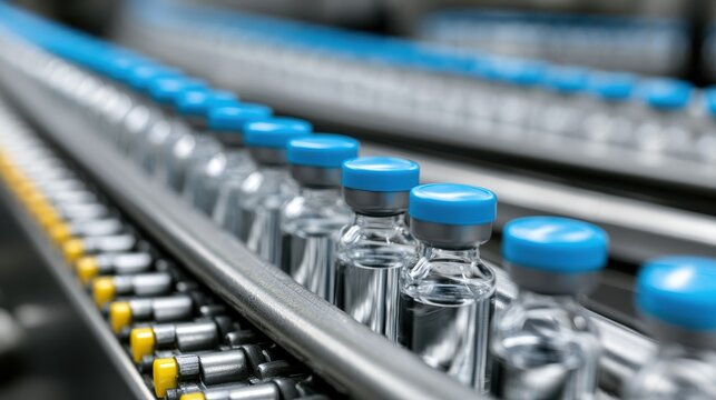 Glass vaccine bottles travel on an automated production line. Industrial pharmaceutical manufacturing for global.