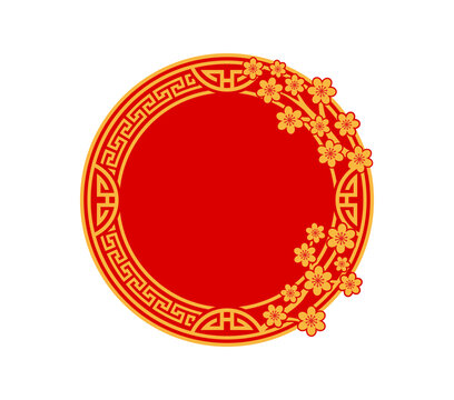 Round oriental Japanese and Chinese festive frame with Asian ornament. Vector red circle with golden pattern border. Asian ornament with cherry blossom branch and traditional motif for Lunar New Year