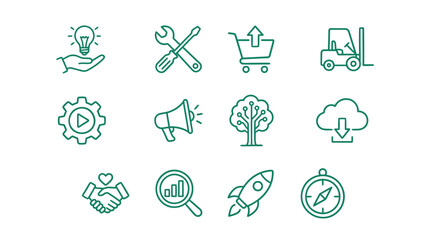 Modern Minimalist Green Line Icons Set Featuring Innovation Business Technology and Growth Concepts © Faris