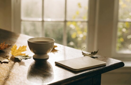 Cozy autumn morning with coffee and fallen leaves by the window