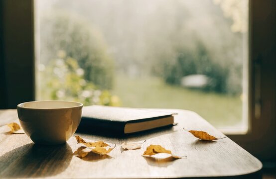 Cozy autumn morning with a warm drink and a book by the window
