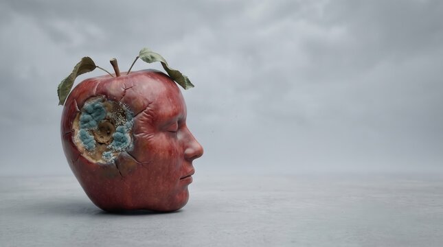 Surreal red apple with human face profile and spreading mold