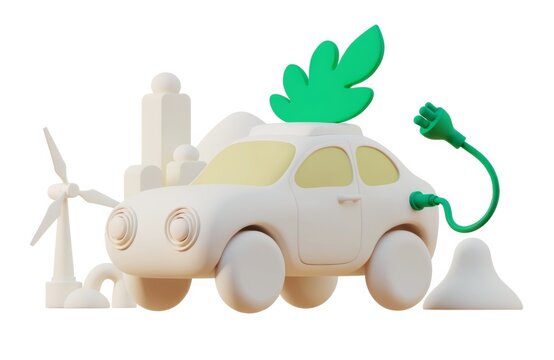 Eco-friendly electric taxi charging with green leaf symbol and wind turbine