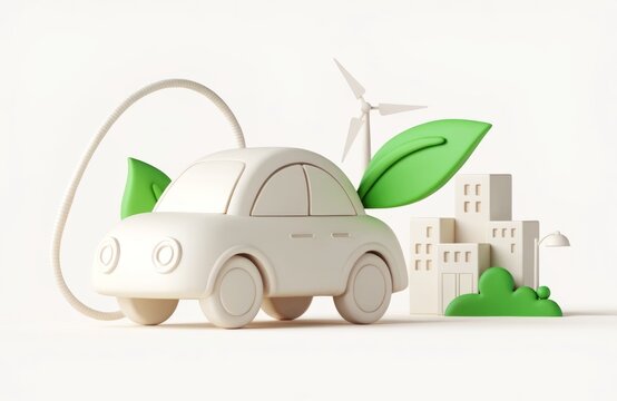 Eco-friendly electric car with wind turbine and city skyline