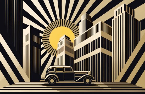 Elegant vintage taxi in a stylized 1930s city with sunburst background